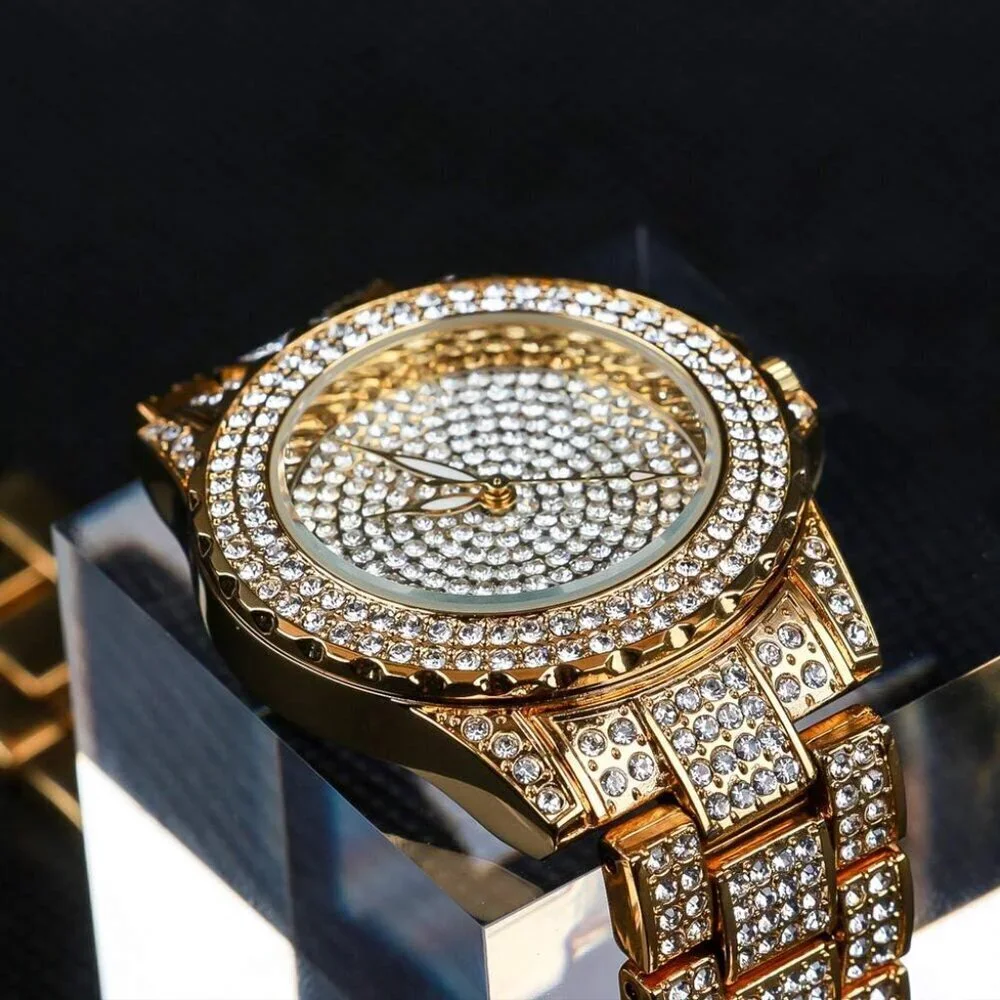 Women's Gold Crystal Rhinestone Diamond Stainless Steel Iced Out Wristwatch